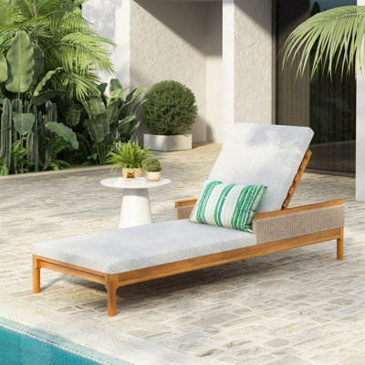 Solid Acacia Wood Sun Lounger With Grey Cushions And Light Grey Wicker