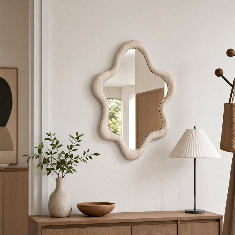35.4" Irregular Wall Mirror with Wavy Travertine Finish