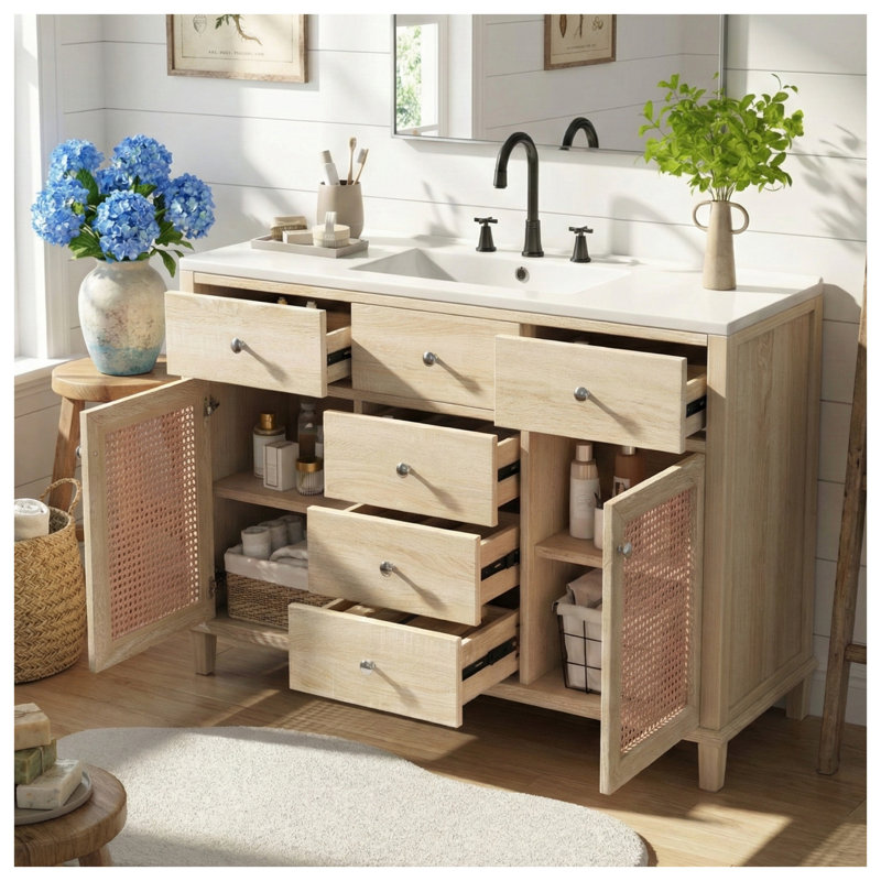 Meuble-lavabo de 48 po en rotin naturel avec cadre en bois massif, 5 tiroirs et 2 portes d'armoire