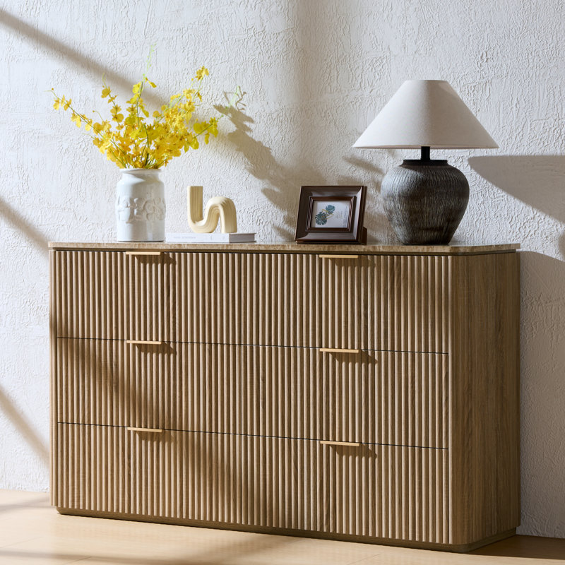 54.5" W Fluted 6-drawer Dresser,  Fluted Wood Chest with Faux Marble Top and Sturdy Base, Oak