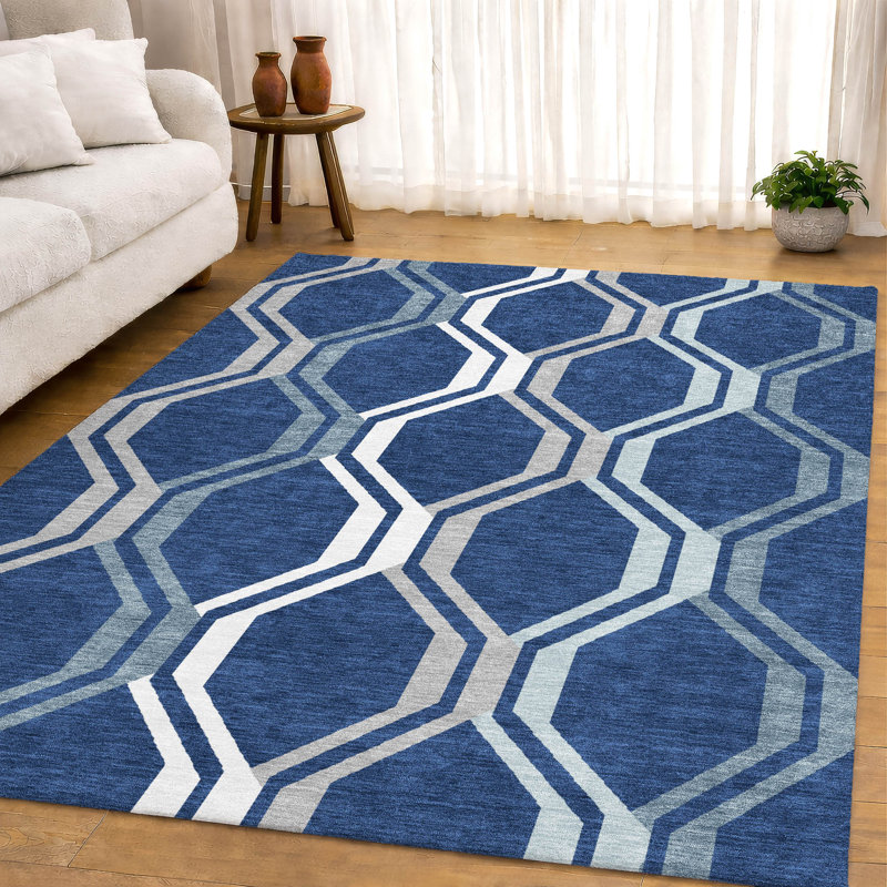 Tapis de qualité supérieure Mid-Century moderne lavable à la machine Premium Mayfield AMF2326, Marine, 8 pi x 10 pi