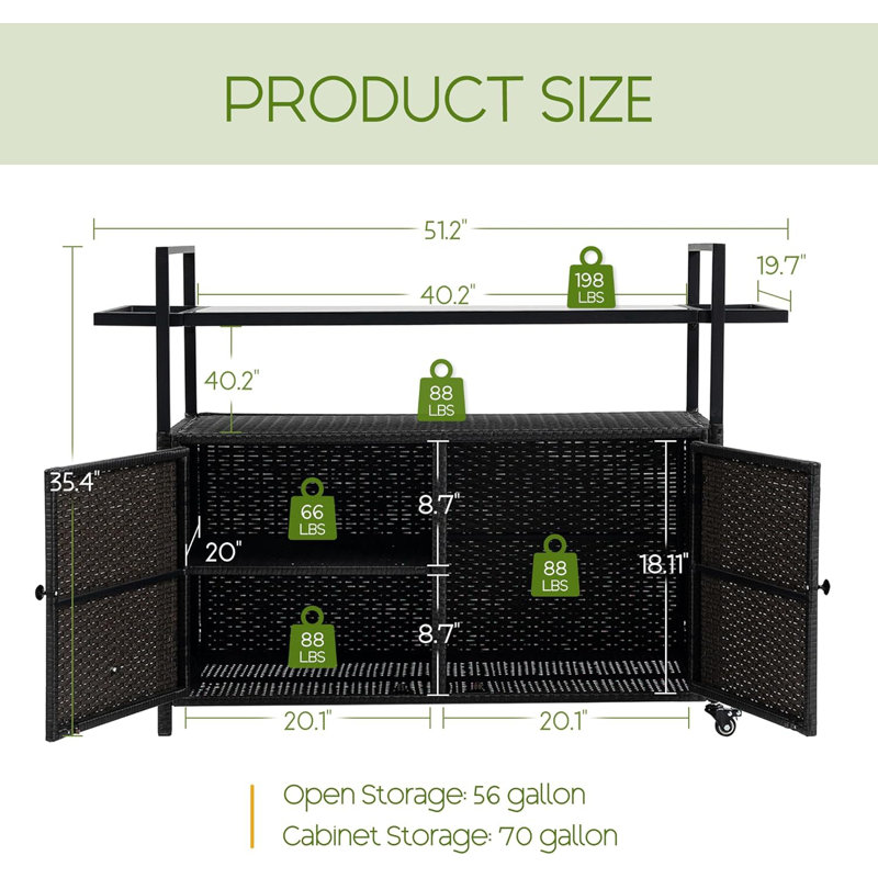 Outdoor Portable Wicker Bar Cart With Glass Countertop, Black