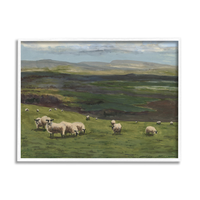 Troupeau de moutons paissant par Michael Willett, H 11 po x l 14 po x P 1,5 po, Giclée encadrée blanc bord de mer