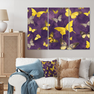 Papillon jaune et mauve sur toile, 3 pièces