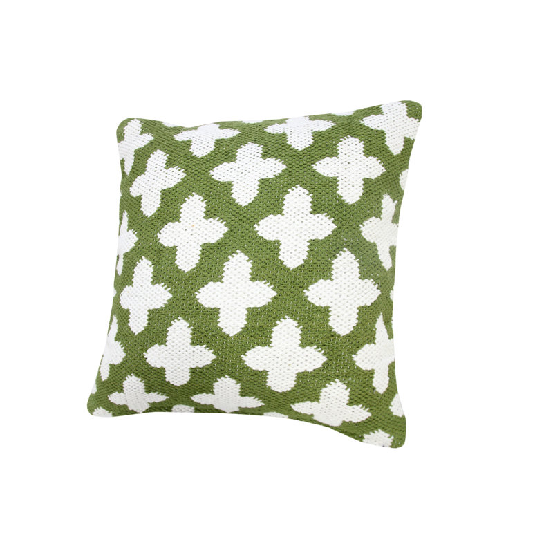 Green and White Woven Geometric Cotton Throw Pillow, 20" Square