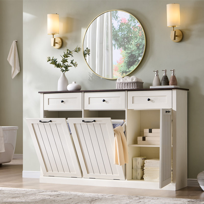 Armoire à paniers à linge triple inclinable, armoire à poubelle de ferme de 20 gallons avec tiroir et tablette réglable, armoires à poubelle cachées avec panier à linge