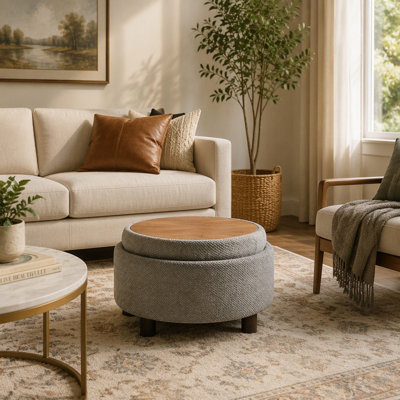 Round Storage Ottoman with Tray, Modern Tufted Fabric Coffee Table for Living Room and Bedroom