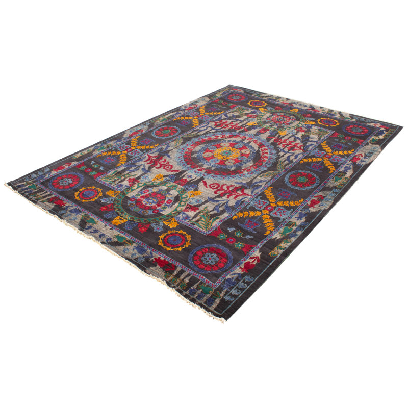 Tapis décoratif en laine de conception unique en laine noué à la main gris foncé de conception unique 8 pi 10 po x 11 pi Brynlei