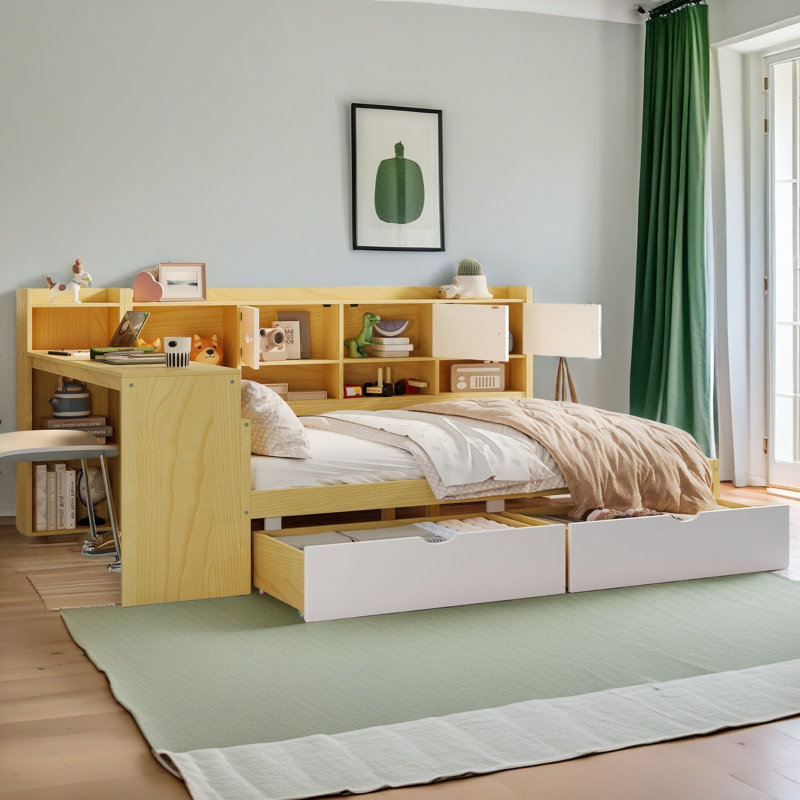 Wooden L-Shape Daybed With Seven Storage Cabinets And Two Storage Drawers, Multi-Functional Bed With Study Desk And Built-In Bookshelf