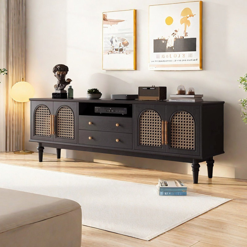 Meuble télé rétro en osier, Noir, H 22,83 po x L 70,86 po x l 15,74 po
