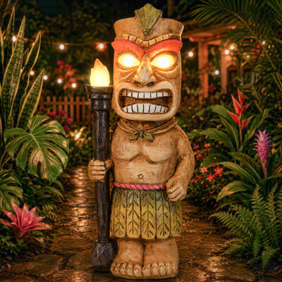 12.6" Solar Powered Tiki Figure with Lighted Torch Garden Statue