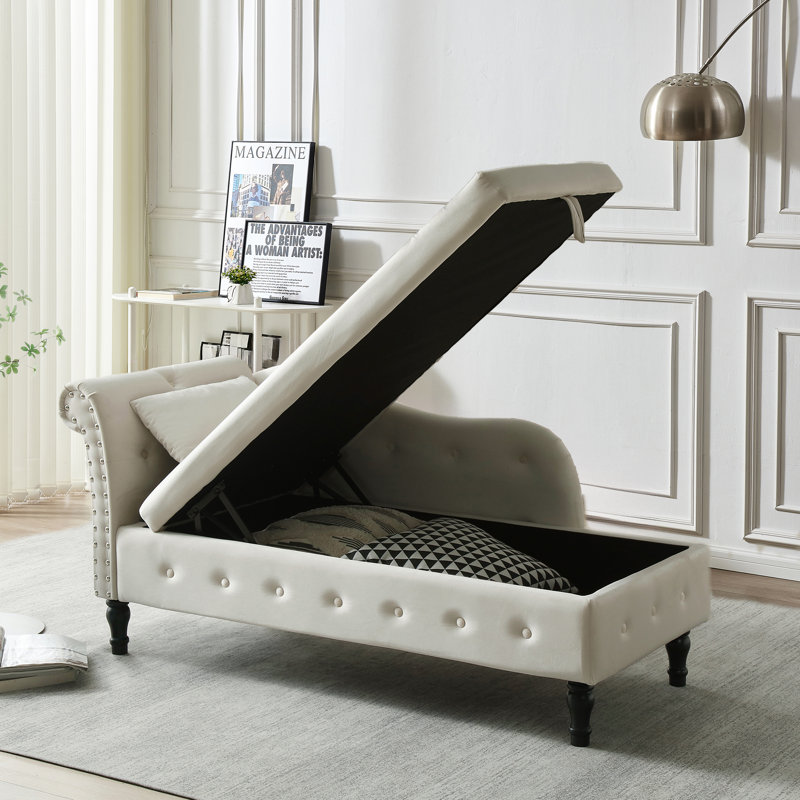 Chaise longue en velours avec rangement et banc rembourré capitonné, Beige