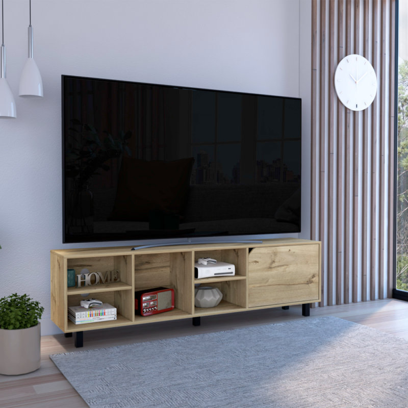 Meuble télé pour téléviseur de 70 po ou moins Jyra Conquest, 4 tablettes ouvertes, cinq pieds, chêne clair