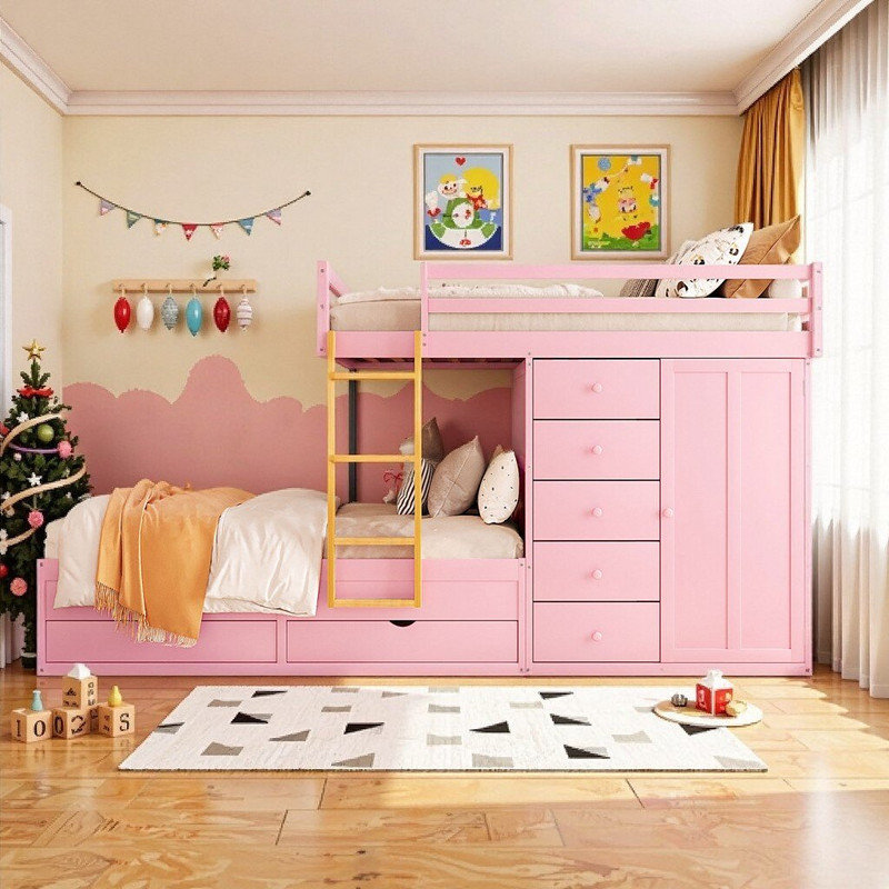 Lit double superposé double avec rangement 2 grands tiroirs 5 petits tiroirs et garde-robe, Rose