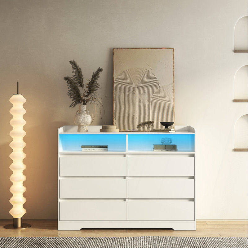 Commode 6 tiroirs, commode blanche pour chambre à coucher avec lumières DEL, commodes modernes et commodes avec cadre robuste pour le salon, le vestibule, le couloir