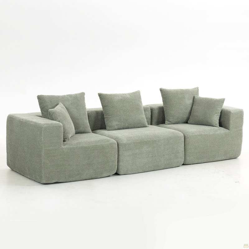 Canapé modulaire modulaire à 3 places, canapé profond en mousse avec chenille texturée moelleuse, Chenille vert clair