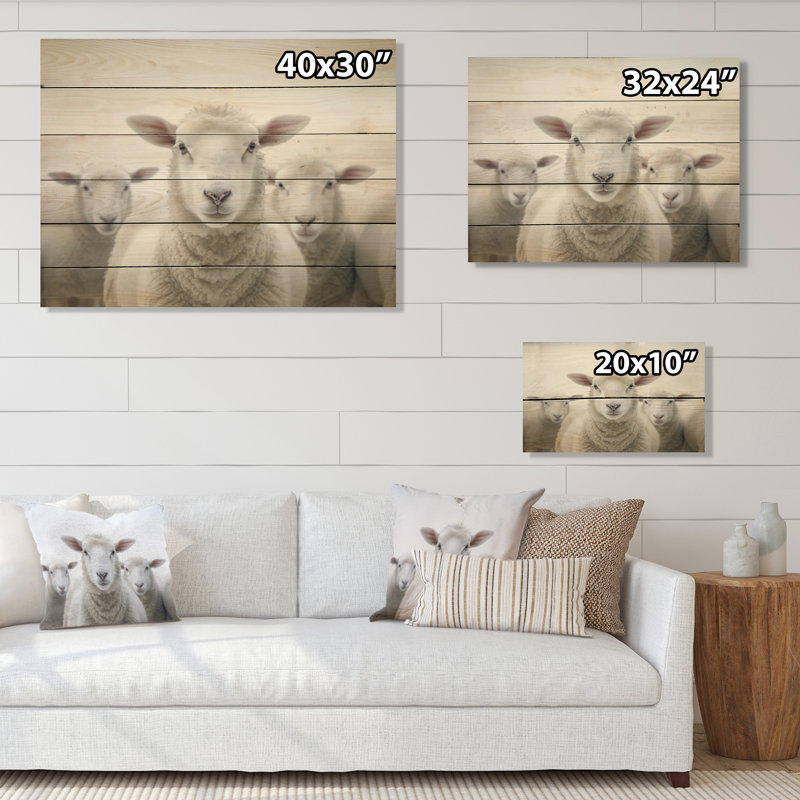 Moutons blancs blancs minimalistes - impression sans cadre sur bois, H 30 po x l 40 po x P 0,78 po