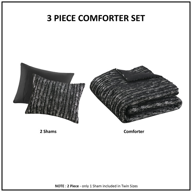  Metallic Print Faux Fur Comforter Set, Twin/Twin XL Comforter + 1 Standard Sham, Black/Silver