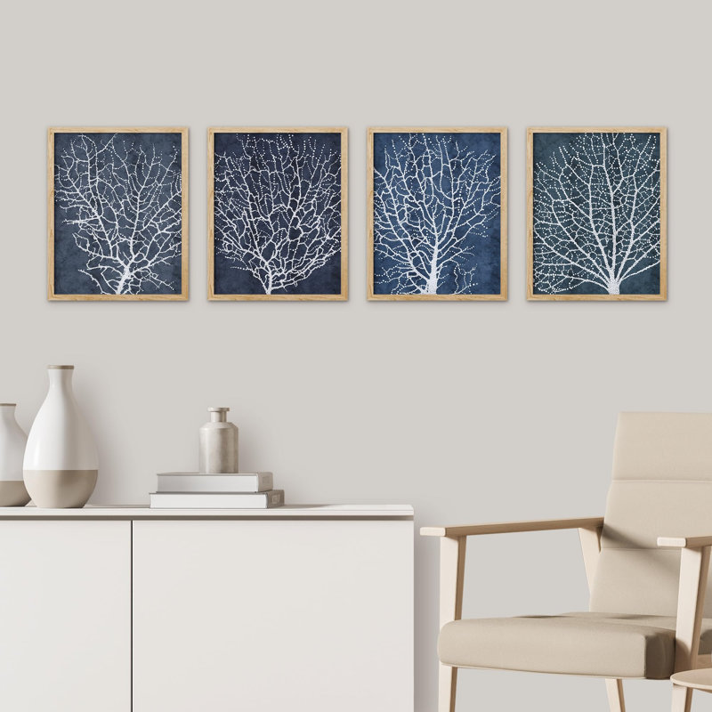 Arbres abstraits encadrés sur papier, impression de 4 pièces, Naturel, H 14 po x l 11 po