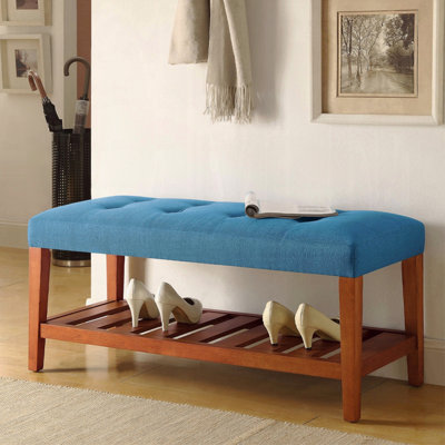 Banc rembourré en tissu avec rangement ouvert, bleu et chêne