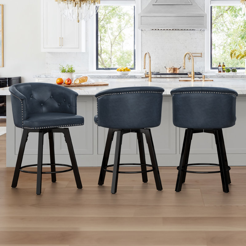 Swivel Counter Stool With Upholstered Seat And Metal Frame  Set Of 3, Navy Blue