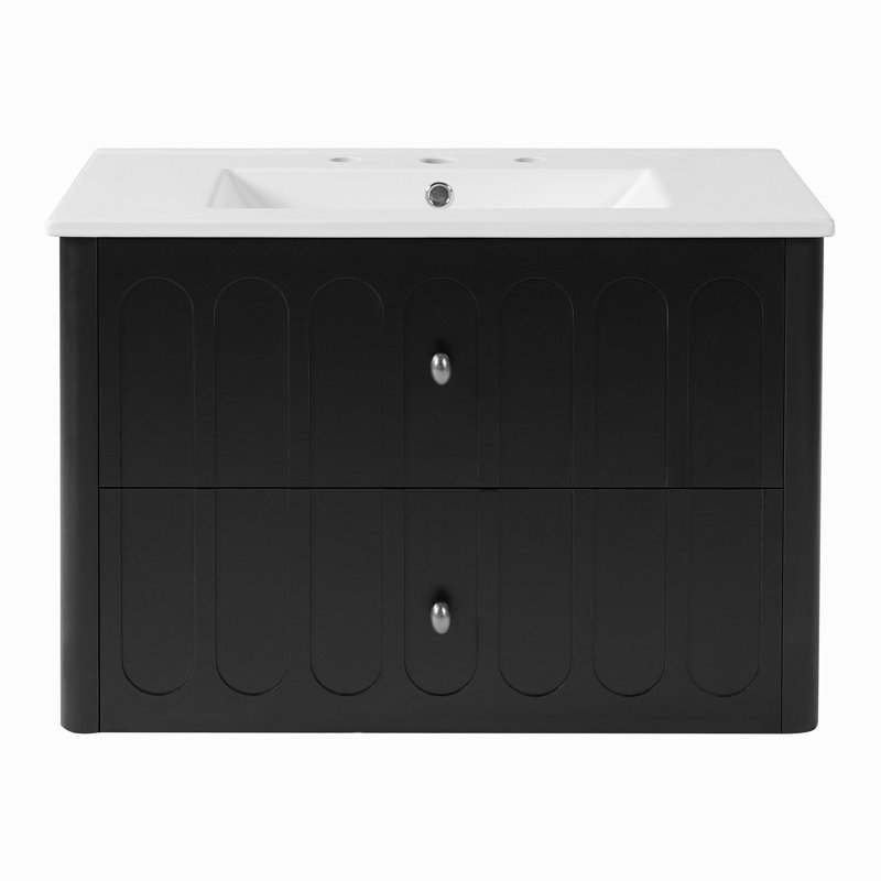 30" Modern Floating Bathroom Vanity with Oval Knobs & Round Edge, Soft-Close Drawer Slides, Bathroom Cabinet with Ceramic Sink