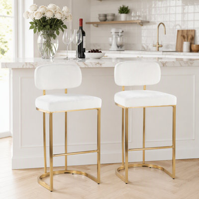 Tabouret de bar à hauteur fixe en métal doré et tissu crème - Ensemble de 2
