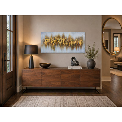 Art mural moderne en toile abstraite dorée moderne pour le salon, la chambre à coucher et le bureau | Reproduction d'art contemporain gris et champagne sur toile prête à accrocher