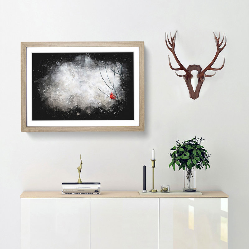 Red Cardinal Bird Paint Splash - Picture Frame Graphic Art, 45cm H x 63cm W x 2cm D, Oak Framed