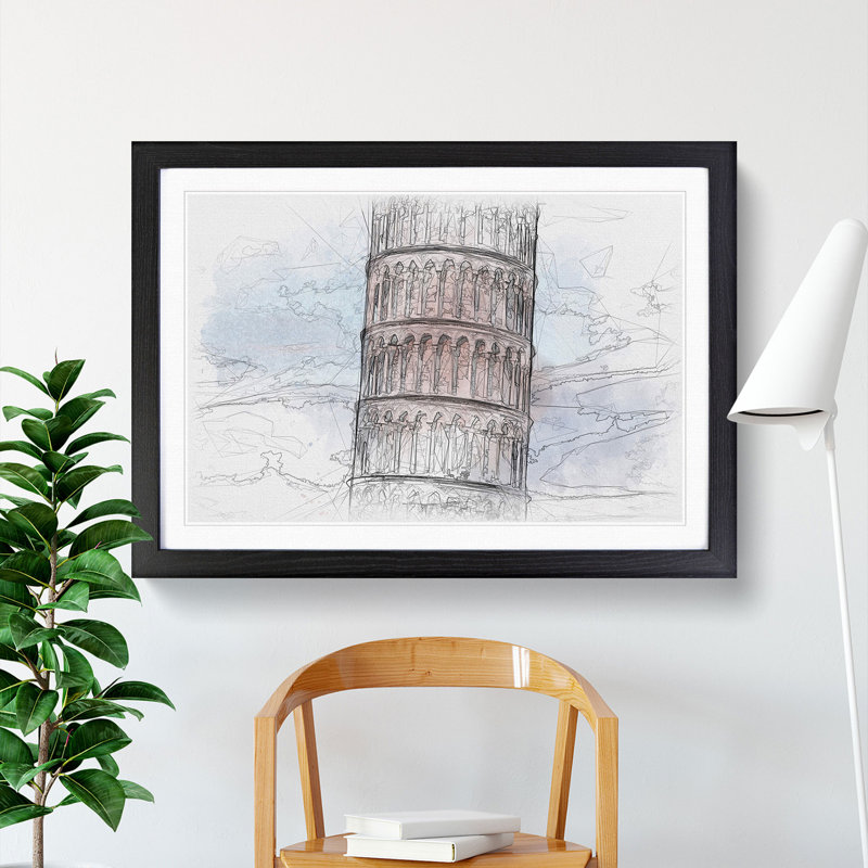 Leaning Tower of Pisa Vol.2 - Picture Frame Drawing, Black Framed, 48cm H x 65cm W x 2cm D