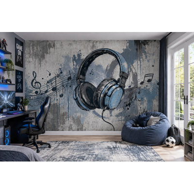 Papier peint mural graffiti avec casque d'écoute et notes de musique urbaine