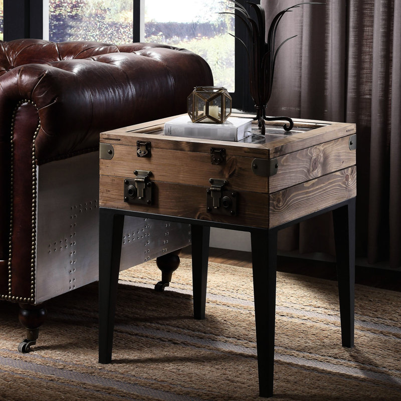 Table d'appoint gris mat avec élément en chêne rustique, plateau de table carré spacieux, pieds fuselés, deux plateaux de rangement à charnières pour la maison à l'ombre, plateau de table avec fonction, décoration de salon