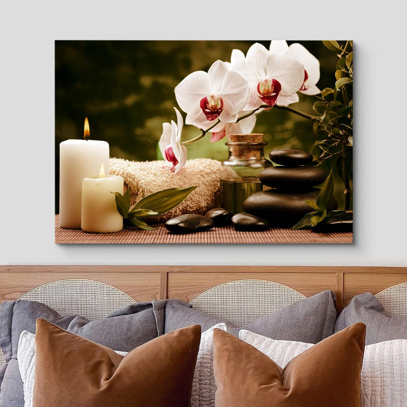 Modern Geometric Orchid and Candle Landscape Framed Canvas Print