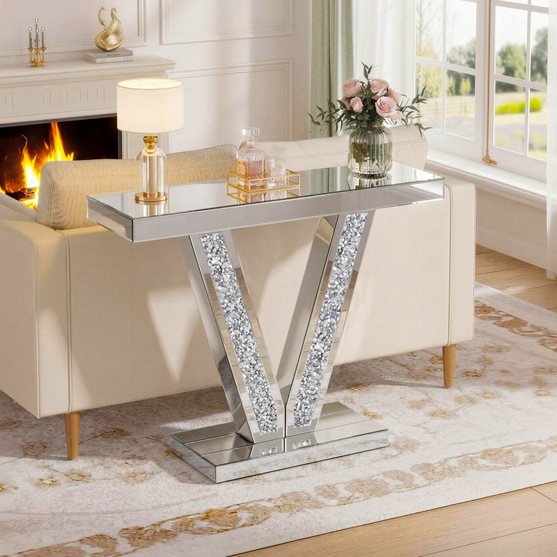 Console en miroir pour le salon, table de hall d'entrée décorative à losanges de 39,37 po, table de vestibule, table de canapé en verre argenté avec base en forme de V