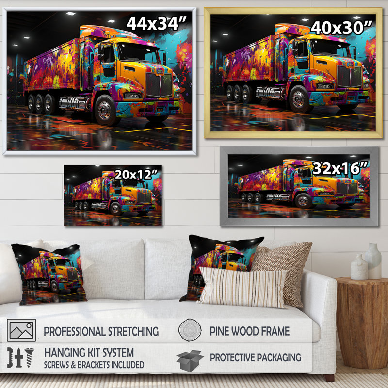 Street Art Semi Trailer Truck sur toile, Cadre flottant noir, H 30 po x l 40 po x P 1,5 po