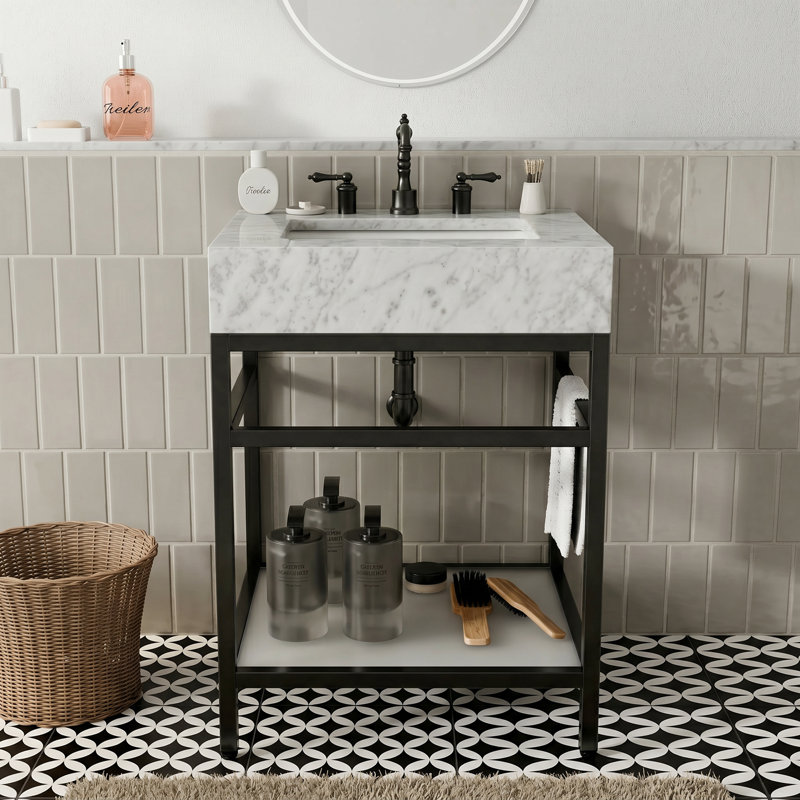 24" Natural Carrara Marble Console Bathroom Vanity, Black, 24"
