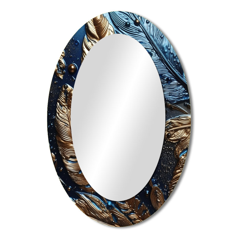 Plume dorée Glamour I - grand miroir mural ovale sur métal, 36 po x 24 po