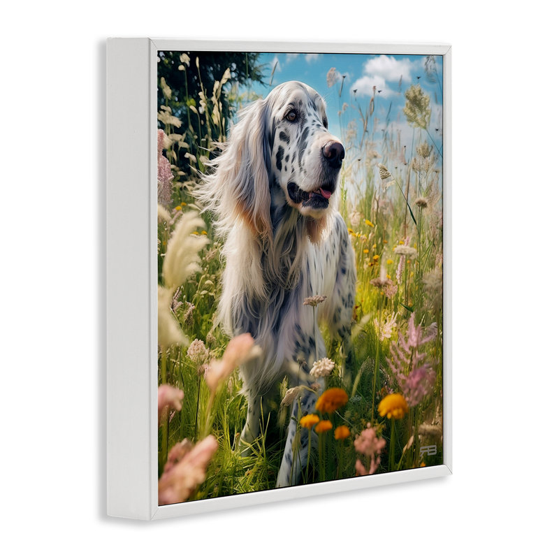 Joyeux chien parmi les fleurs, estampe numérique par Roozbeh Bahramali, Estampe numérique encadrée blanc bord de mer