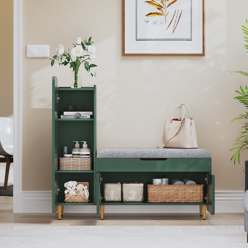 W Entryway Shoe Bench, Lift Top Storage Box,L Shape Living Room Shoe Organizer Cabinet,, Green Geometric