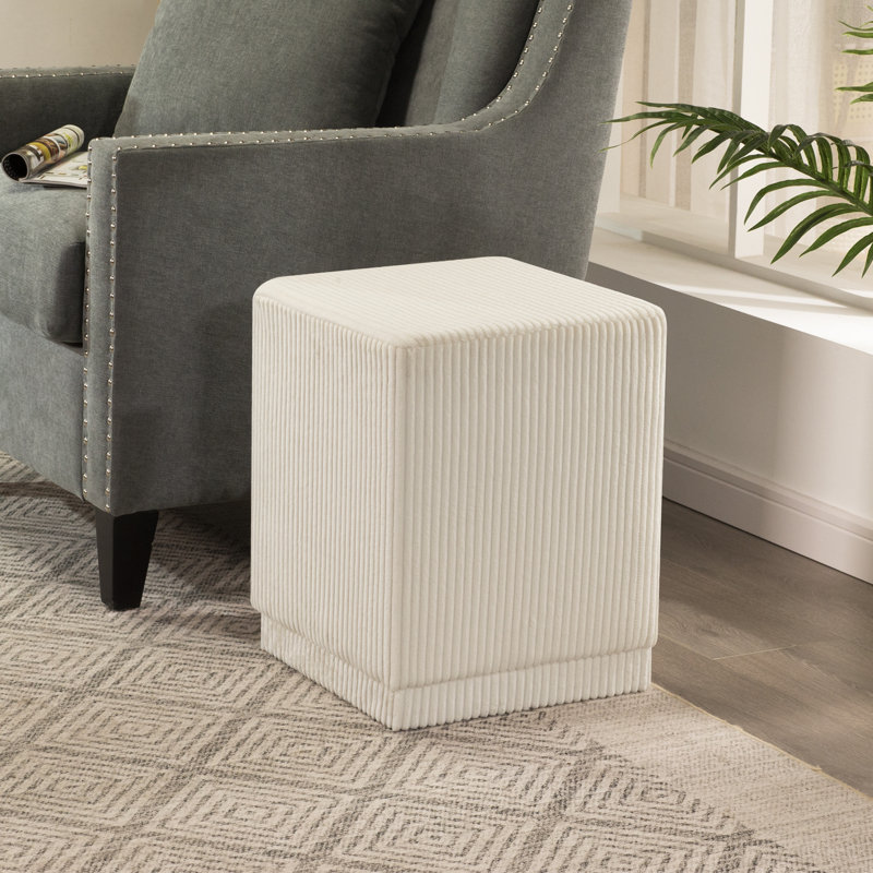 14" Square Ottoman Footrest For Living Room With Channel-Tufted, Beige