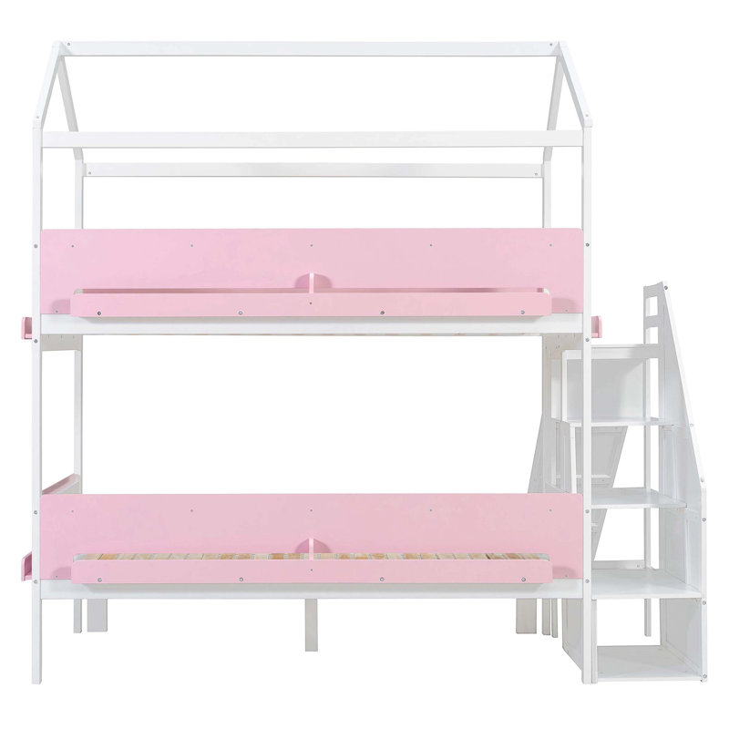 Lit superposé en bois en forme de maison avec glissière et escalier de rangement, cadre de lit simple / simple pour enfant, blanc + rose