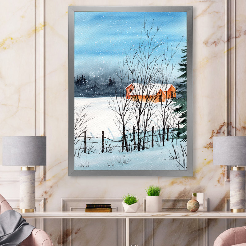 Un paysage d'hiver avec des maisons enneigées - reproduction sur toile, H 44 po x l 34 po x P 1,5 po, Cadre photo argenté