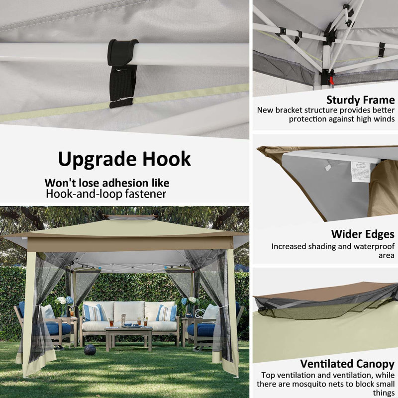 12x12 Outdoor Pop Up Canopy with Mosquito Netting Patio Tent Backyard Canopy with 2-Tiered Vented Top 3 Adjustable Height