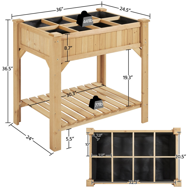 Toliver 8-Pocket Wood Elevated Garden Planter with Fabric Liner