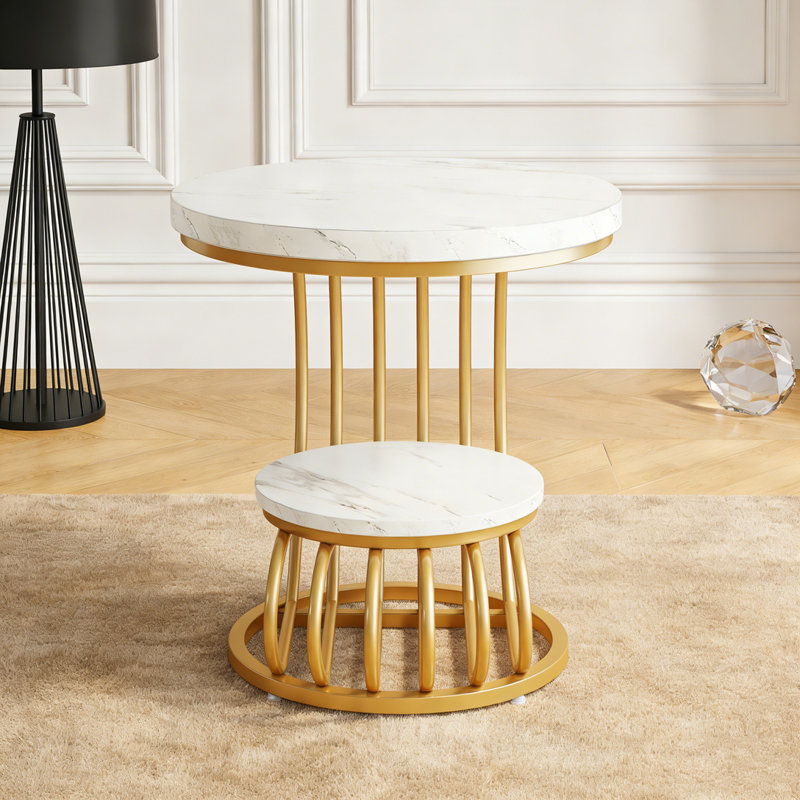Table d'appoint à 2 niveaux en faux marbre avec tablette de rangement, Blanc et or