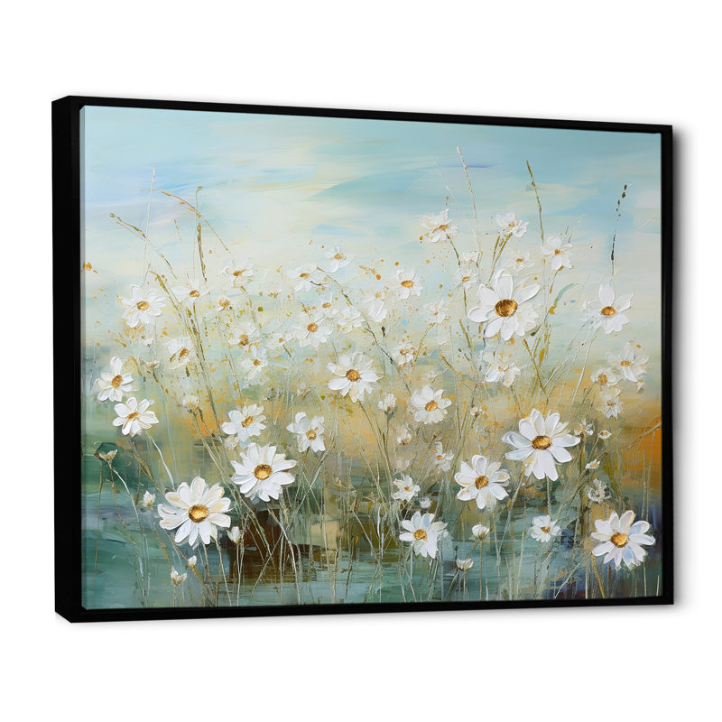 Marguerites au soleil, champ de fleurs I - Art mural champ de fleurs, Cadre flottant noir, H 34 po x l 44 po x P 0,5 po