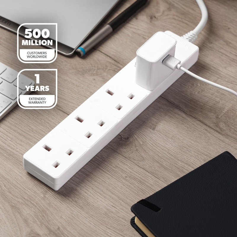 GEEPAS 4 Gang Extension Lead, 2M Cable | 4-Way Plug Extension Cable, Overload Protection | Wall Mountable & Multi Socket Mains Strip For Home Bedroom Office | Heavy Duty UK Plug | White