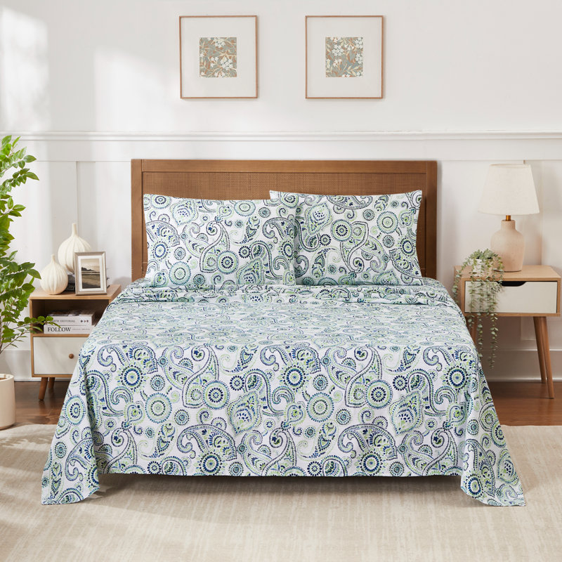 Printed Double Brushed Microfiber Bed Sheet Set, Modern Paisley, Full Sheet Set with 2 Pillowcases