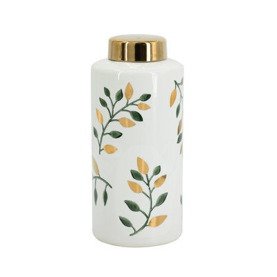 D5.5x12.5" White Ceramic Lidded Jar with Green Floral Motifs and Gold Details