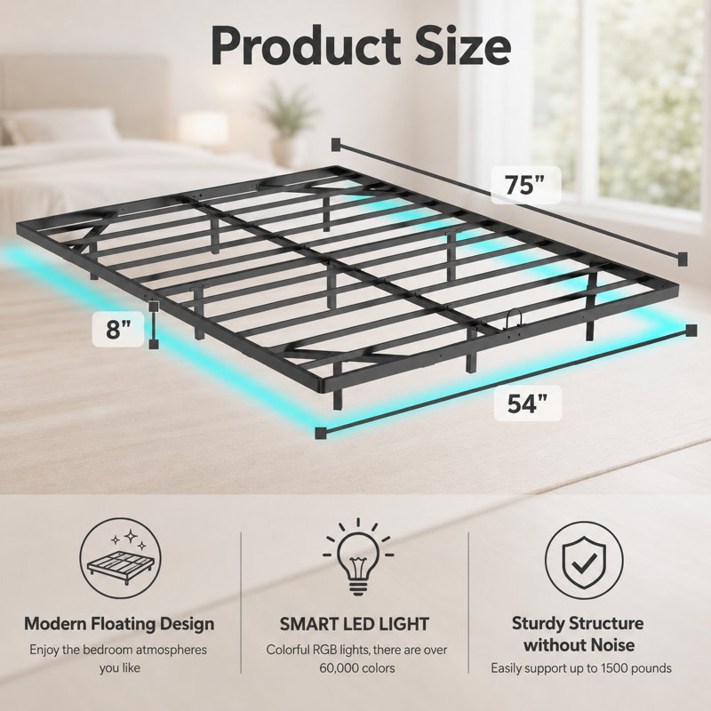 Full Size Floating Metal Platform Bed Frame with Smart LED Lights, Easy Assembly, No Box Spring Required